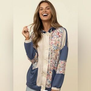 BUTTON RIB FLORAL COLORBLOCK HOODIE JACKET